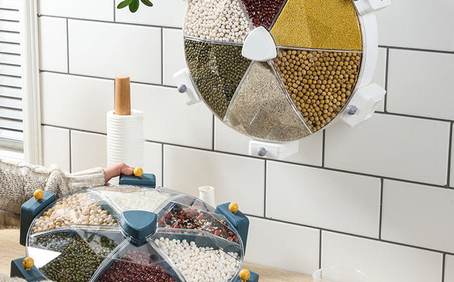 Wall-Mounted Grain Dispenser Compartments Dry Food Dispenser Rotating Cereal For Kitchen Gadget