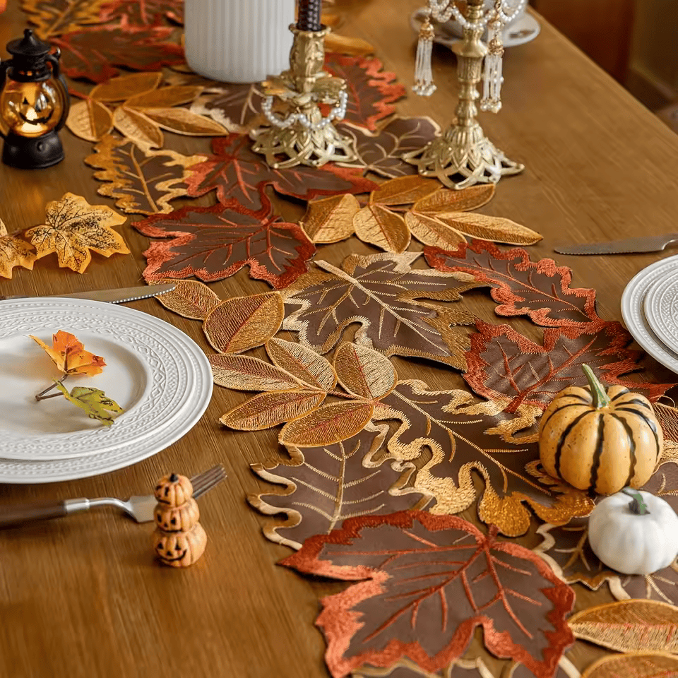 Autumn Maple Leaf Embroidered Table Runner – Rustic Thanksgiving & Fall Table Decor