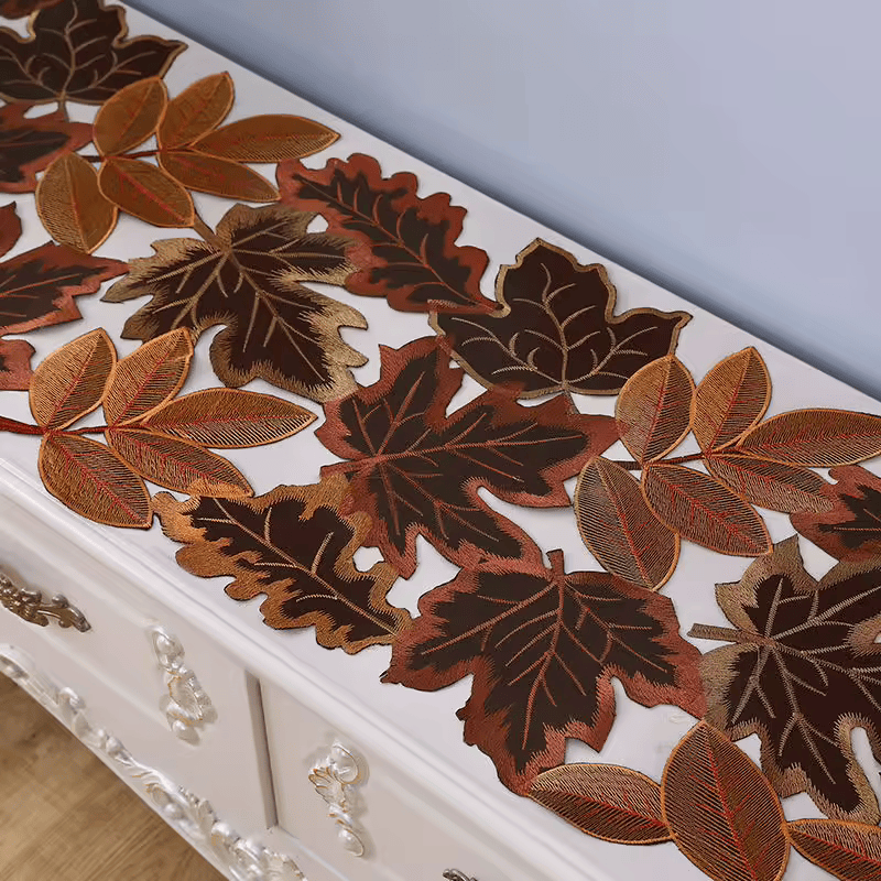 Autumn Maple Leaf Embroidered Table Runner – Rustic Thanksgiving & Fall Table Decor