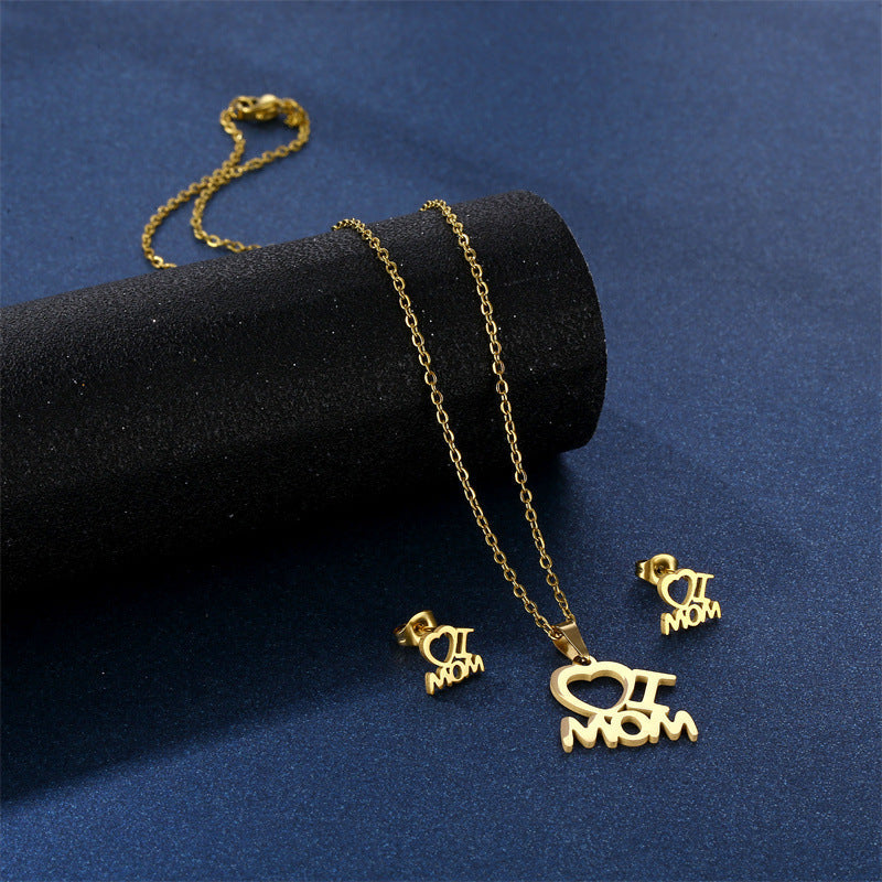 Mother’s Day Jewelry Set | Stainless Steel I Love Mom Heart Necklace & Earrings