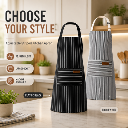 2-Piece Adjustable Striped Kitchen Apron Set with Large Pockets