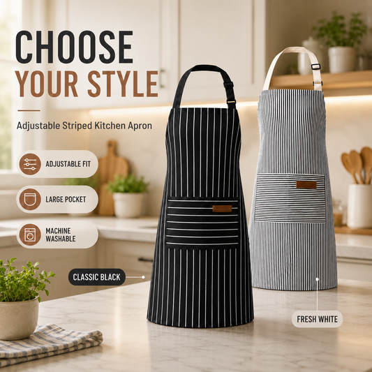 2-Piece Adjustable Striped Kitchen Apron Set with Large Pockets