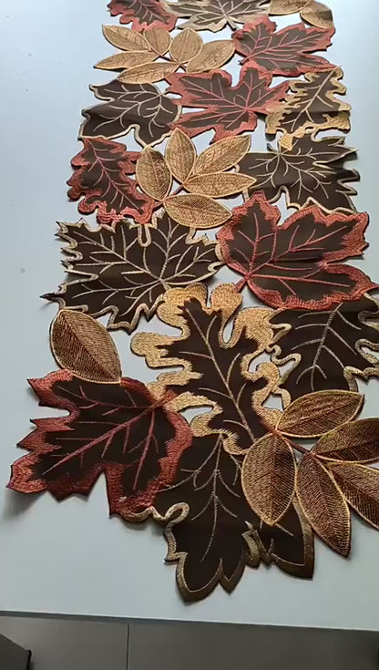 Autumn Maple Leaf Embroidered Table Runner – Rustic Thanksgiving & Fall Table Decor